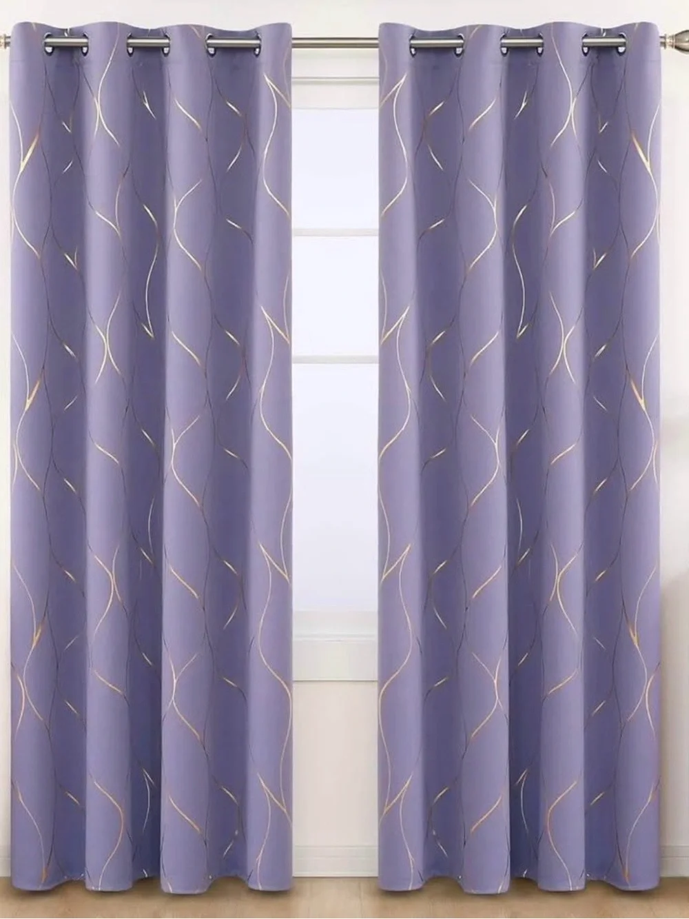 Purple Wave Pattern Grommet Window Curtains gold accents Blackout